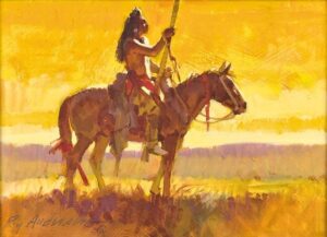 indians and horses walking in extreme light western art